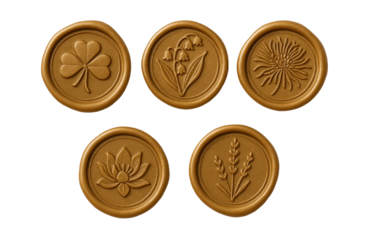Collection of Five Embossed Wax Seals Featuring Botanical and Floral Designs for Stationery and Craft Projects - Powered by Adobe