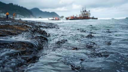 Harbor scene with a large ship anchored near a coastal city, rugged mountain peaks in the background and clouds drifting across the blue sky