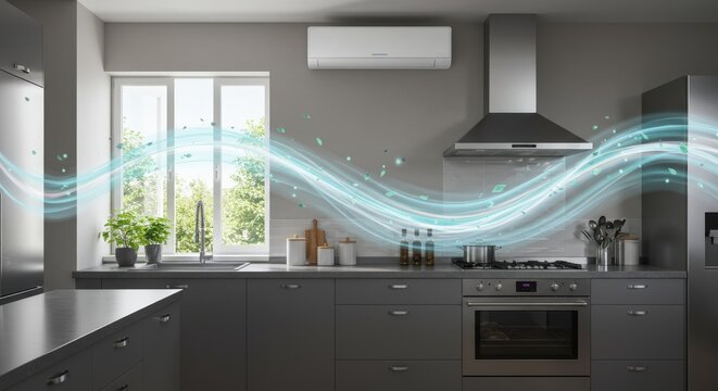 Modern kitchen with air conditioning unit and flowing visual elements of air currents