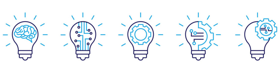 Vector icon collection featuring light bulbs with cogwheels and brains inside, symbolising creativity, innovation, and inspiration. Clean and modern stroke and fill styles.