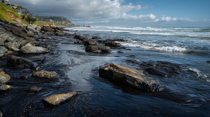 Obraz premium Jagged coastal rocks exposed at low tide with shallow pools reflecting the clear blue sky and distant ocean waves