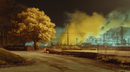 Rural road winding past golden fields and large tree at sunset, with thick smoke plume rising in distance under glowing orange sky.