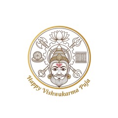 Vishwakarma Puja emblem with deity and tools on white background Hindu deity god of architecture