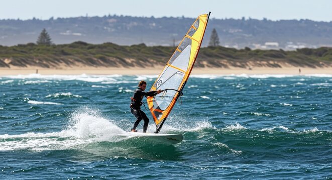Windsurfer gliding over waves at coastal beach during sunny daytime