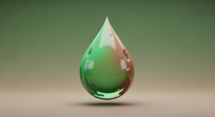 Fototapeta premium A glossy, green 3D droplet with reddish reflections and indentations hovers over a surface.
