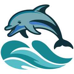 Fototapeta premium A playful cartoon dolphin leaps joyfully through stylized turquoise ocean waves in a vibrant graphic illustration