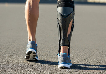Person with prosthetic leg walking on an asphalt road during outdoor rehabilitation.
