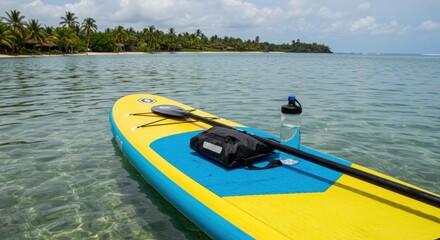 Fototapeta premium Stand up paddleboarding in clear ocean water near a tropical shoreline