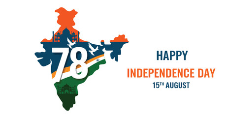 India map illustration in tricolor with “78” and symbolic icons, celebrating 15th August Independence Day with festive typography