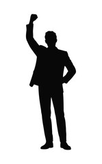Silhouette of confident man in suit with raised fist and hand on hip, symbolizing empowerment, leadership, and assertive expression