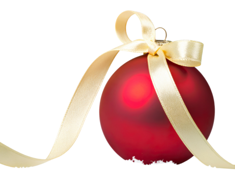 red christmas ball with ribbon isolated on a transparent background.