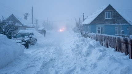 Snow-covered cottage and barn glow in the blue hour of winter, surrounded by deep snowdrifts and a narrow road lined with snowbanks under a calm, foggy sky