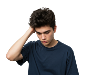 Thoughtful young caucasian male teen with dark hair wearing blue shirt. Cut out PNG