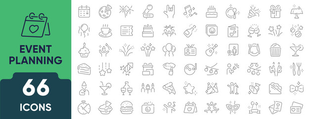 Event planning line icon set. A collection of 66 thin outline icons representing event organization, scheduling, decoration, invitations, and management. Editable stroke. Vector illustration.