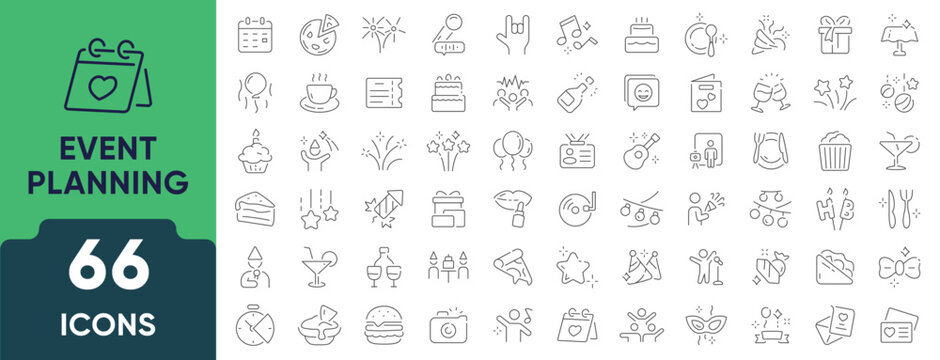 Event planning line icon set. A collection of 66 thin outline icons representing event organization, scheduling, decoration, invitations, and management. Editable stroke. Vector illustration.