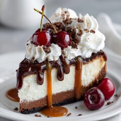 Rich chocolate cheesecake slice topped with whipped cream and sugared cherries drizzled with caramel and chocolate sauce on rustic wooden table, gourmet dessert