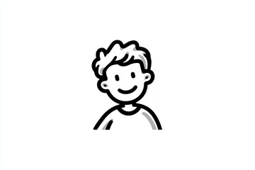 Obraz premium Minimalist line drawing of a smiling boy with curly hair, simple black outline cartoon head on a white background icon.
