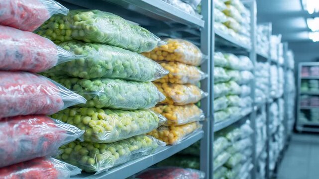 Fresh produce and frozen vegetables are organized in bags on shelves inside a cold storage facility