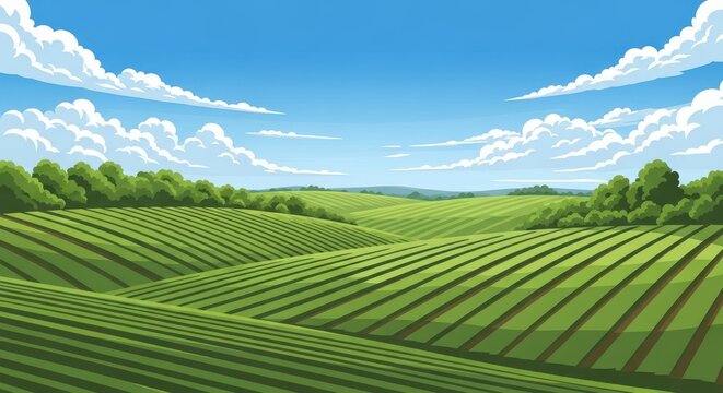 Flat illustration of rolling green hills of a cultivated farm under a bright blue sky with fluffy white clouds