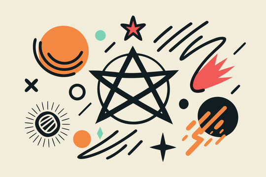 Mystical cosmic abstract pattern with pentagram, stars, planets, and celestial elements, perfect for spiritual or occult designs. - Powered by Adobe