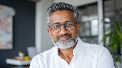 Obraz premium smiling mature indian man wearing spectacles and looking at camera middle eastern confident businessman at office portrait of successful mid entrepreneur feeling satisfied and working from home no lo