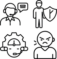 A collection of four line art icons representing customer support, security, efficiency, and customer dissatisfaction.