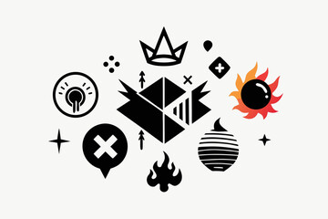 Dynamic abstract icons representing innovation, success, and creativity with a modern, energetic artistic flair perfect for branding and design projects