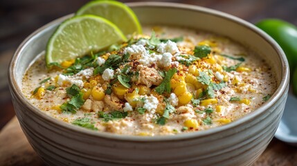 Creamy Mexican street corn soup garnished with roasted corn kernels, crumbled cheese, chopped cilantro and a lime wedge in a rustic ceramic bowl