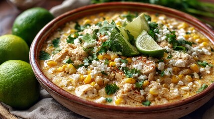 Close-up overhead view of creamy Mexican street corn dip topped with diced tomatoes, crumbled cheese, chopped cilantro and green onion in a rustic bowl