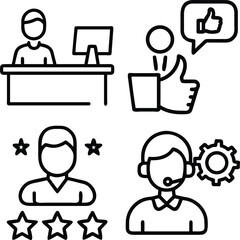 Four line art icons depicting customer service, positive feedback, customer rating, and support staff with gears.