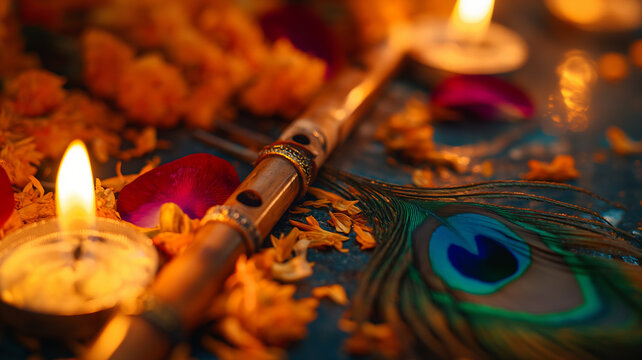 Lord Krishna flute with peacock feather and diya, flower petals, candle light background, Indian spiritual festival decor, happy janmashtami, divine vibes, 4k image