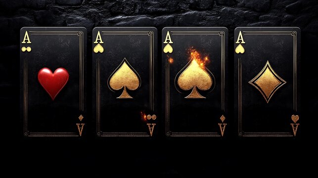 Four playing cards, ace of various suits, on dark background.
