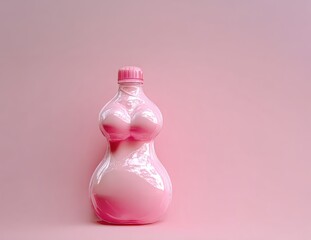 Pink plastic bottle shaped like a curvy female torso, high BMI, symbolizing body identity and weight reduction, set against a soft pink background. Protein shake.