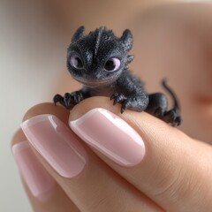 Photorealistic tiny black dragon with shimmering dark scales and huge inquisitive eyes perched gently on a woman&rsquo;s pale pink manicured fingernails in a whimsical fantasy scene