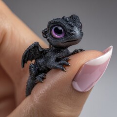 Hyperrealistic miniature dragon figurine with glossy black scales and large purple eye perched on a woman&rsquo;s pink manicured thumbnail in a whimsical fantasy scene