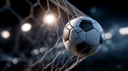 A soccer ball caught in a net with stadium lights in the background