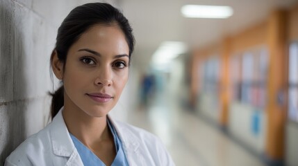 Naklejka premium latin woman doctor portrait in a mexican hospital in mexico or latin america no logos no brands ar 169