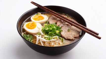 Delicious bowl of Japanese ramen with slices of pork, soft-boiled eggs, noodles and scallions, served in black bowl with chopsticks on white background