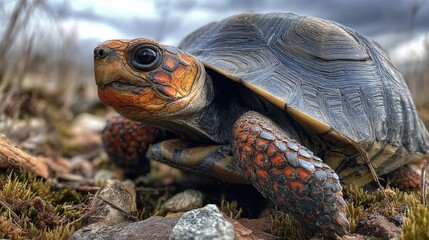 Obraz premium Close-up shot of a red-footed tortoise resting on a smartphone, highlighting the detailed texture of its patterned shell and scales against a blurred background