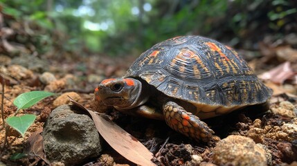 Fototapeta premium Vibrant close-up photograph of a red-footed tortoise with orange and yellow markings on its shell crawling over pebbles in a natural forest habitat.