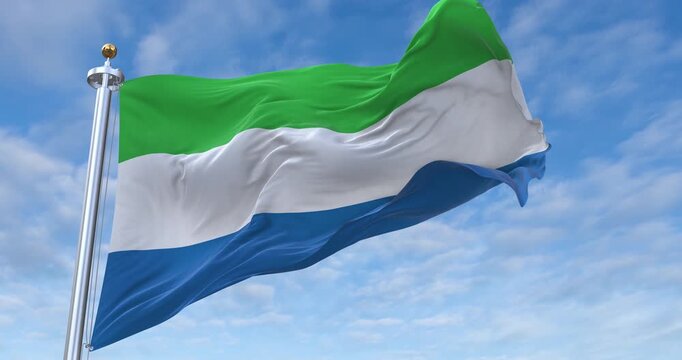 Sierra Leone flag with flagpole waving in wind, rolling clouds background looping, 4K video (Perfect Loop)