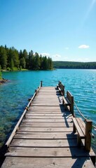 Obraz premium Old wooden pier with benches, crystal clear lake, Lapland, lapland, lake, calm