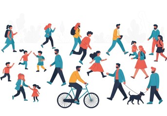 Flat illustration of a diverse group of people engage in various activities like walking, cycling, and walking dogs in an outdoor setting