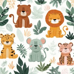 Seamless pattern featuring cute cartoon jungle animals including lion, tiger, leopard and koala amid tropical leaves on a light background