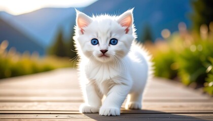 Obraz premium Adorable white kitten outdoors