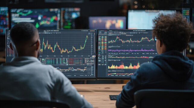 two diverse crypto traders brokers stock exchange market investors discussing trading charts research reports growth using pc computer looking at screen analyzing invest strategy financial risks no l