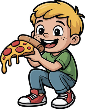 Naklejki Cute Cartoon Boy Holding a Slice of Cheesy Pepperoni Pizza, Fun Food Illustration, Funny Pizza, vector Pizza