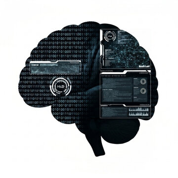 Representation of the human brain with digital information interfaces overlaying it