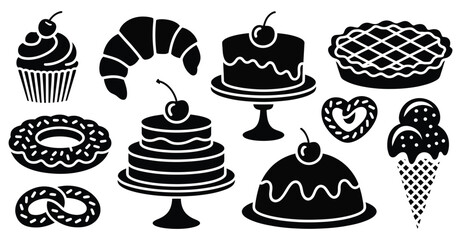 Black and white dessert silhouette icon set featuring cupcakes, cakes, croissant, donut, pie, pretzel, ice cream, and heart cookie