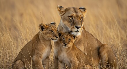 Fototapeta premium Lioness with two cubs in a grassy field during golden hour